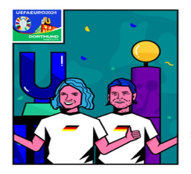 Das Bild zeigt eine Comic-Version von Annike Krahn und Roman Weidenfeller, die Deutschland-Trikots tragen. Im Hintergrund das Dortmunder U und die Friedenssäule.