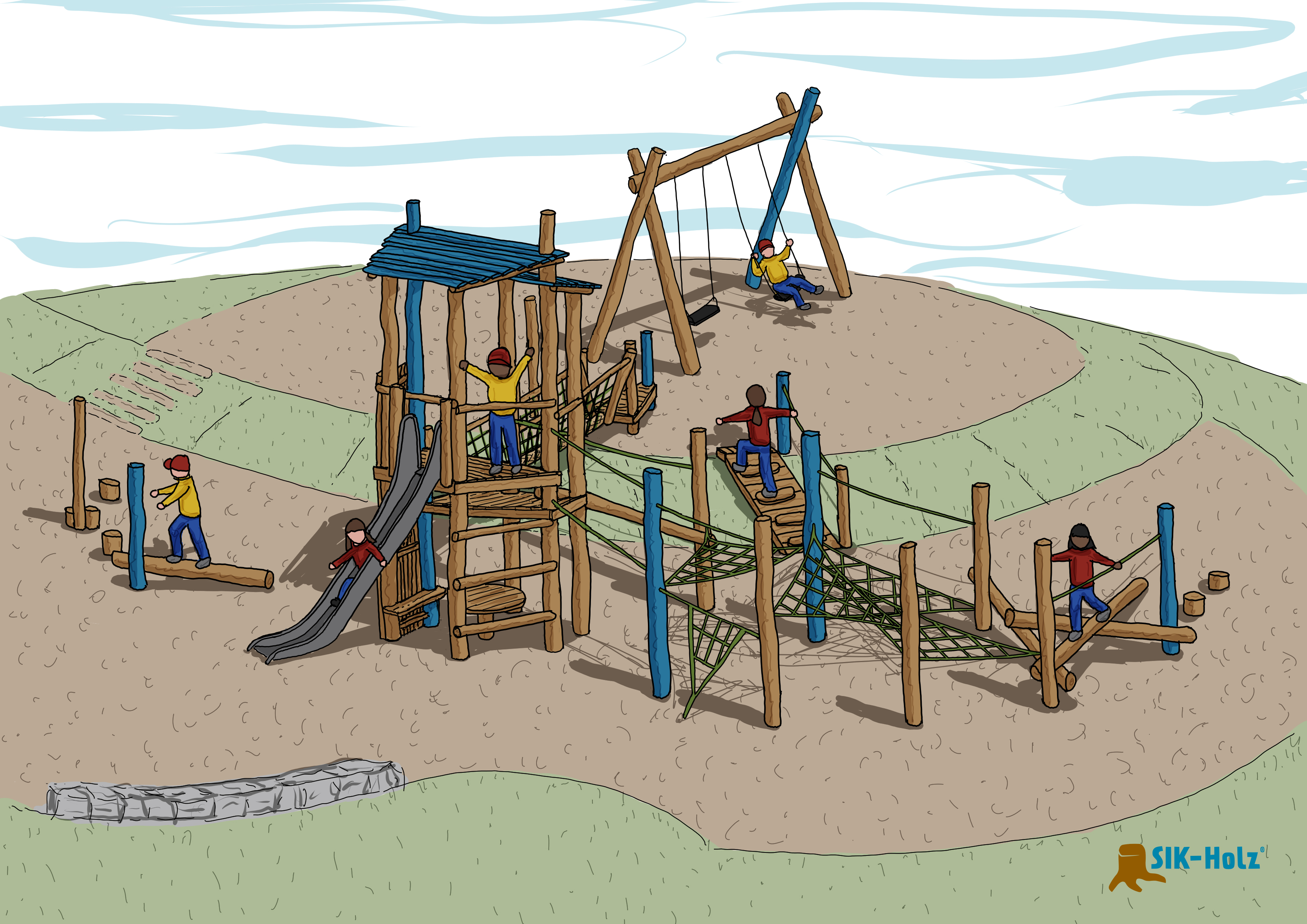 Eine gemalte Grafik zeigt den geplanten Spielplatz an der Emil Kijewski Straße in Dortmund. Kinder Spielen an verschiedenen Spielgeräten.