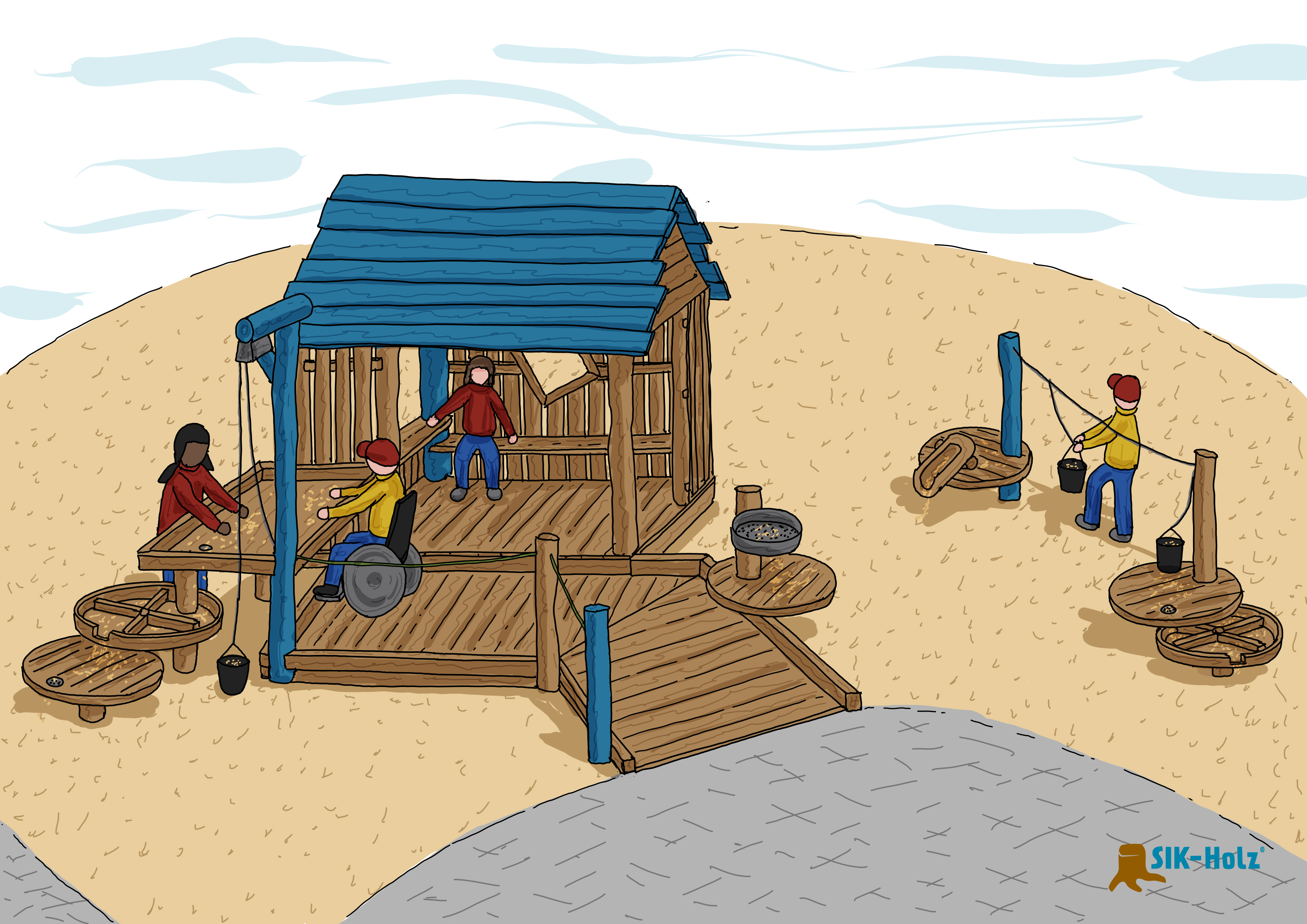 Eine gemalte Grafik zeigt den geplanten Spielplatz an der Emil Kijewski Straße in Dortmund. Kinder Spielen an verschiedenen Spielgeräten.