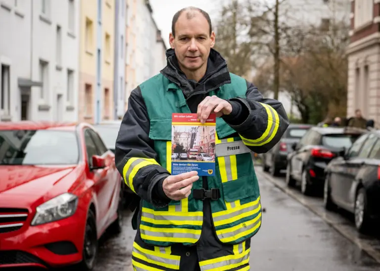 André Lüddecke, Leiter der Pressestelle Dortmund, hält die Info-Broschüre hoch, die an (falsch-)parkende Autos im Kreuzviertel geheftet werde