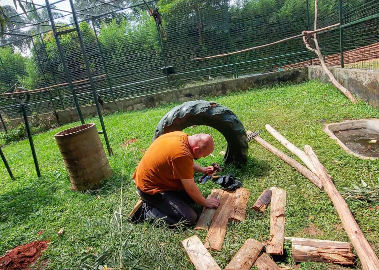 Der Dortmunder Zootierpfleger Stefan Bohland beim Bau von Einrichtung für die Meerkatzen-Anlage im Kavumba-Zoo.