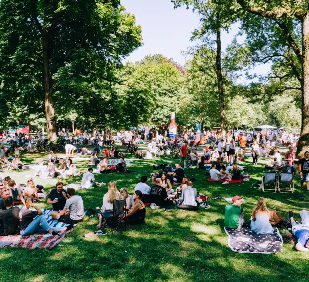 Viele Menschen entspannen, essen und trinken auf ihren Picknickdecken bei bestem Wetter in einem Dortmunder Park