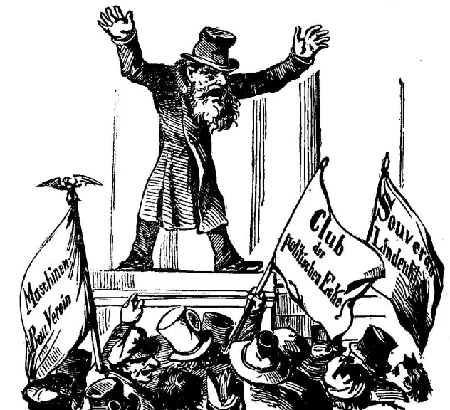 schwarz-weiß Graphik aus dem Jahre 1848, die einen Straßenredner mit Publikum abbildet