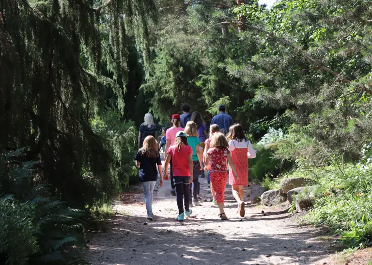 Eine Gruppe aus Erwachsenen und Kindern besucht den Botanischen Garten Rombergpark. 