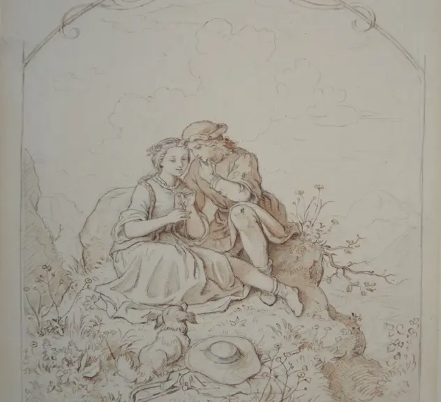 Zeichnung eines Paars, das nah beeinander auf einer Wiese sitzt und auf eine Blume in der Hand der Frau schaut. Davor ein kleiner Hund und darüber die Überschrift "Er liebt mich!".