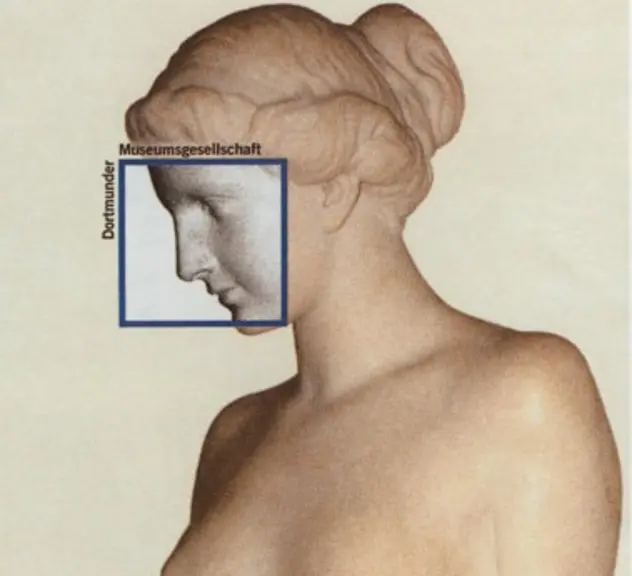 Statue einer Frau mit nacktem Oberkörper, um das Gesicht der Statue ist ein blauer quadratischer Kasten, dessen Inhalt grau gefärbt ist. Darum herum steht "Deutsche Museumsgesellschaft"