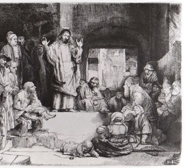 schwarz-weiß-Zeichnung von Jesus, der eine Predigt in einem Kreis von auf dem Boden sitzenden und stehenden Menschen hält