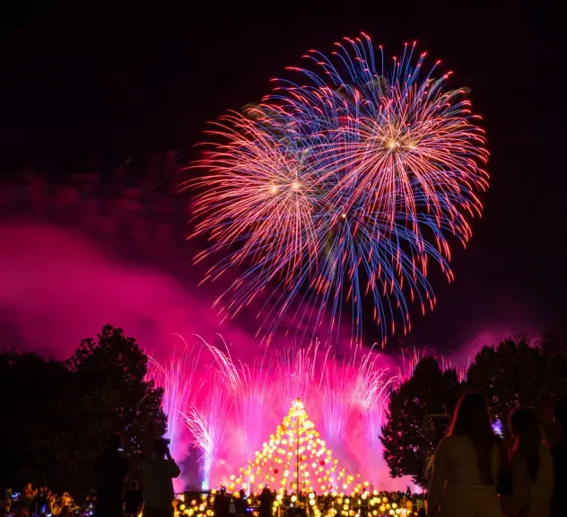 Spektakuläres Feuerwerk über dem Westfalenpark während des Lichterfests mit einem traditionellen Lichterbaum im Vordergrund und begeisterten Zuschauer*innen