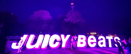 Leuchtendes Juicy Beats Festival-Logo im Westfalenpark bei Nacht mit dem Dortmunder Fernsehturm im Hintergrund
