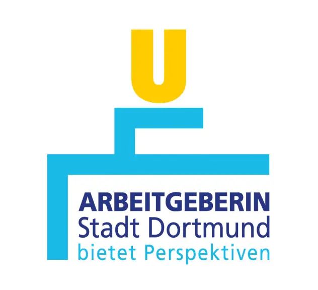 Ein Logo mit einem gelben U oben mittig und unten mit einem blauen Schriftzug: Arbeitgeberin Stadt Dortmund bietet Perspektiven