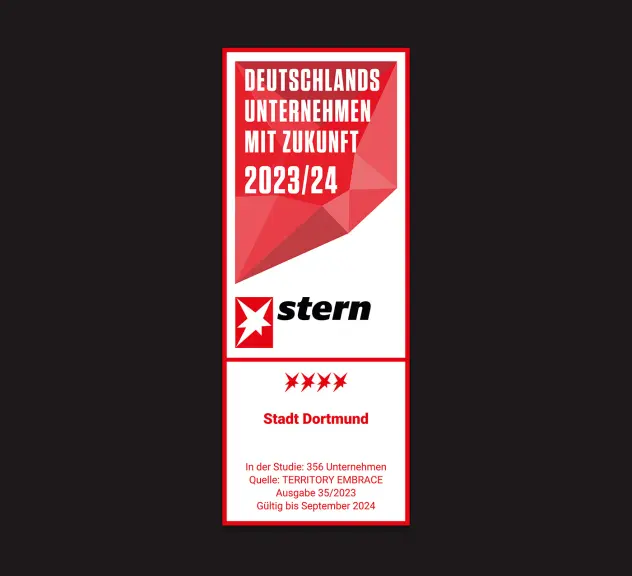 Logo Deutschlands Unternehmen mit Zukunft 2023/24. Vier Sterne für die Stadt Dortmund