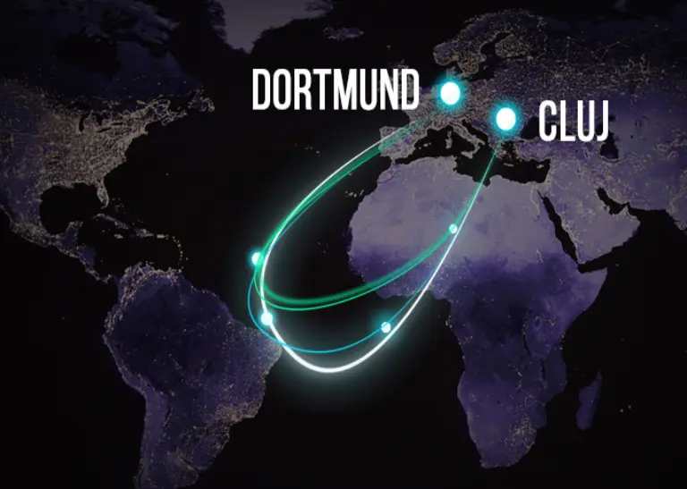 Dunkle Abbildung der Weltkarte mit eingezeichneten Punkten „Dortmund“ und „Cluj“ und einer Verbindungslinie zwischen den zwei Punkten