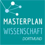 Masterplan Wissenschaft Dortmund als Text in einem dunkel türkisen viereckigen Kasten. Kleine Netzwerkgrafik in der oberen linken Ecke des Kastens.