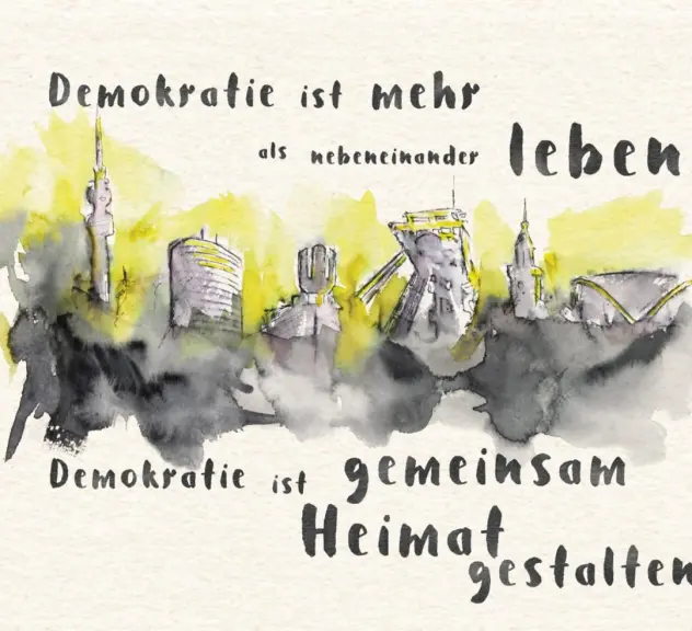 Postkarte Demokratie ist mehr als nebeneinander leben. Demokratie ist gemeinsam Heimat gestalten