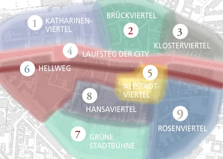 Karte der Dortmunder City mit Benennung von neun Quartieren