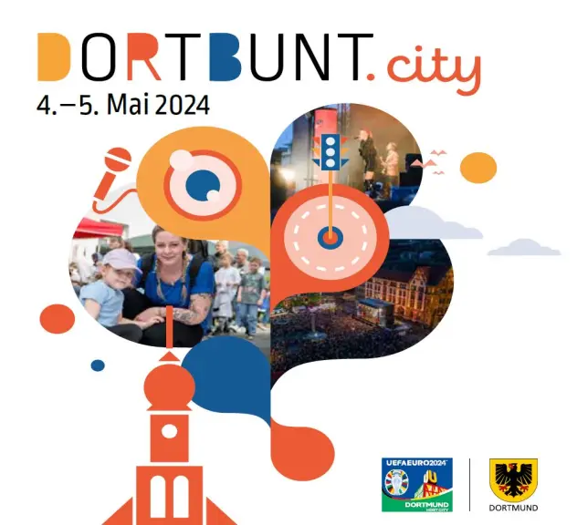 Plakat mit Schrift und Bildern zum Stadtfest dortbunt City am 4. und 5. Mai 2024