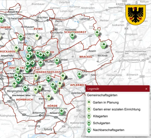 Karte der Stadt Dortmund mit grünen Markierungen für Gemeinschaftsgärten. 