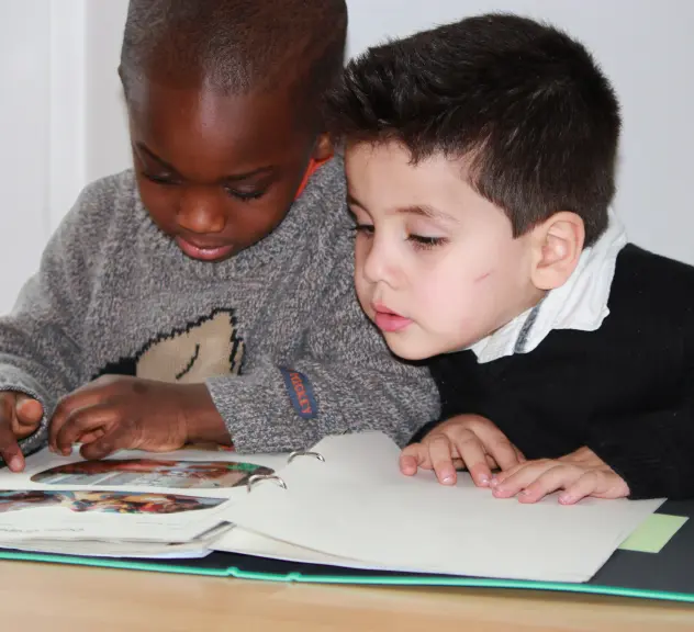 Zwei kleine Jungen schauen zusammen in ein Buch