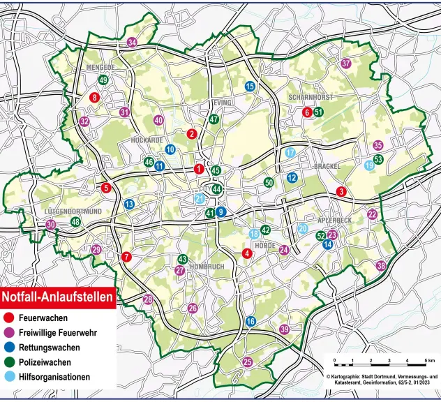 Karte der Stadt Dortmund mit den Standorten der Notfallanlaufstellen