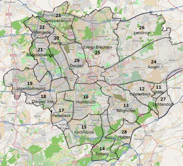 Karte von Dortmund mit den Ausrückebereichen der Freiwilligen Feuerwehr