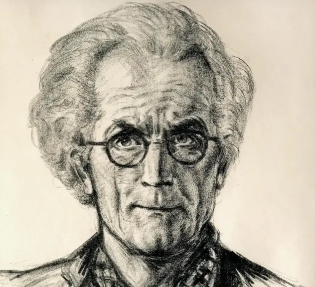 gezeichnetes Portrait eines älteren Herrn mit runder Brille und lockigem Haar