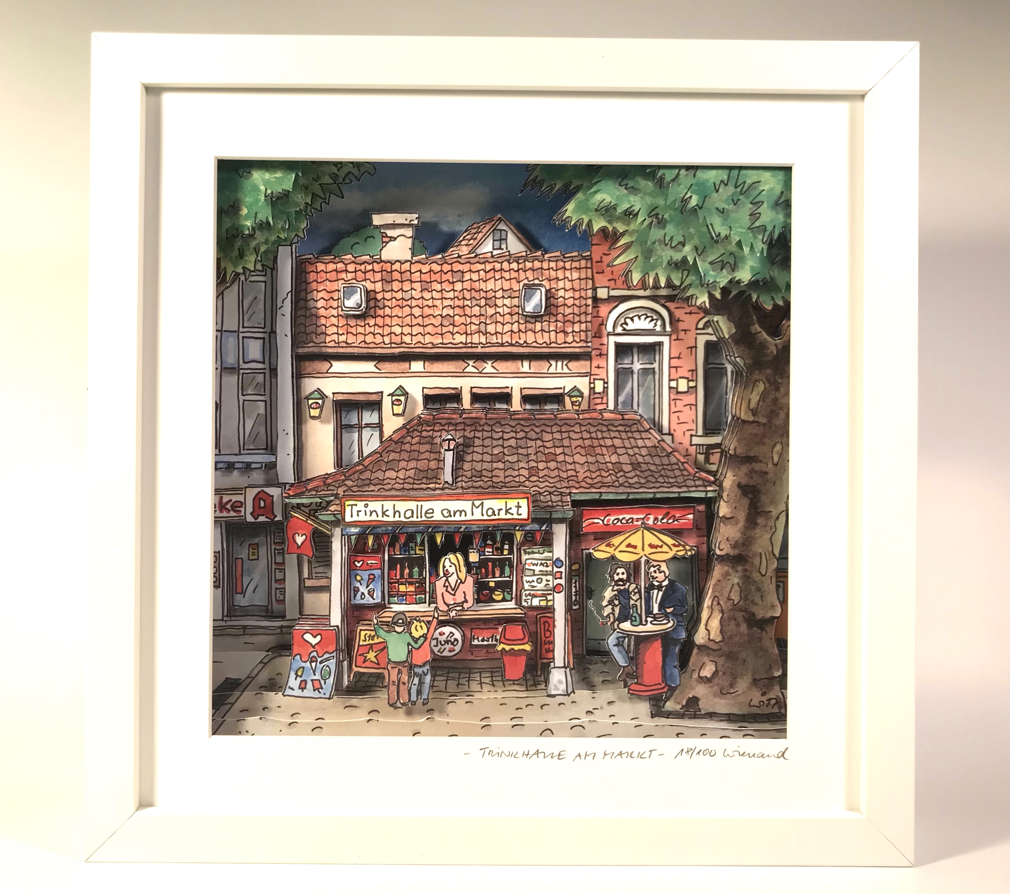 Dreidimensionale Zeichnung im Rahmen mit ruhrgebietstypischer Kioskszene. 