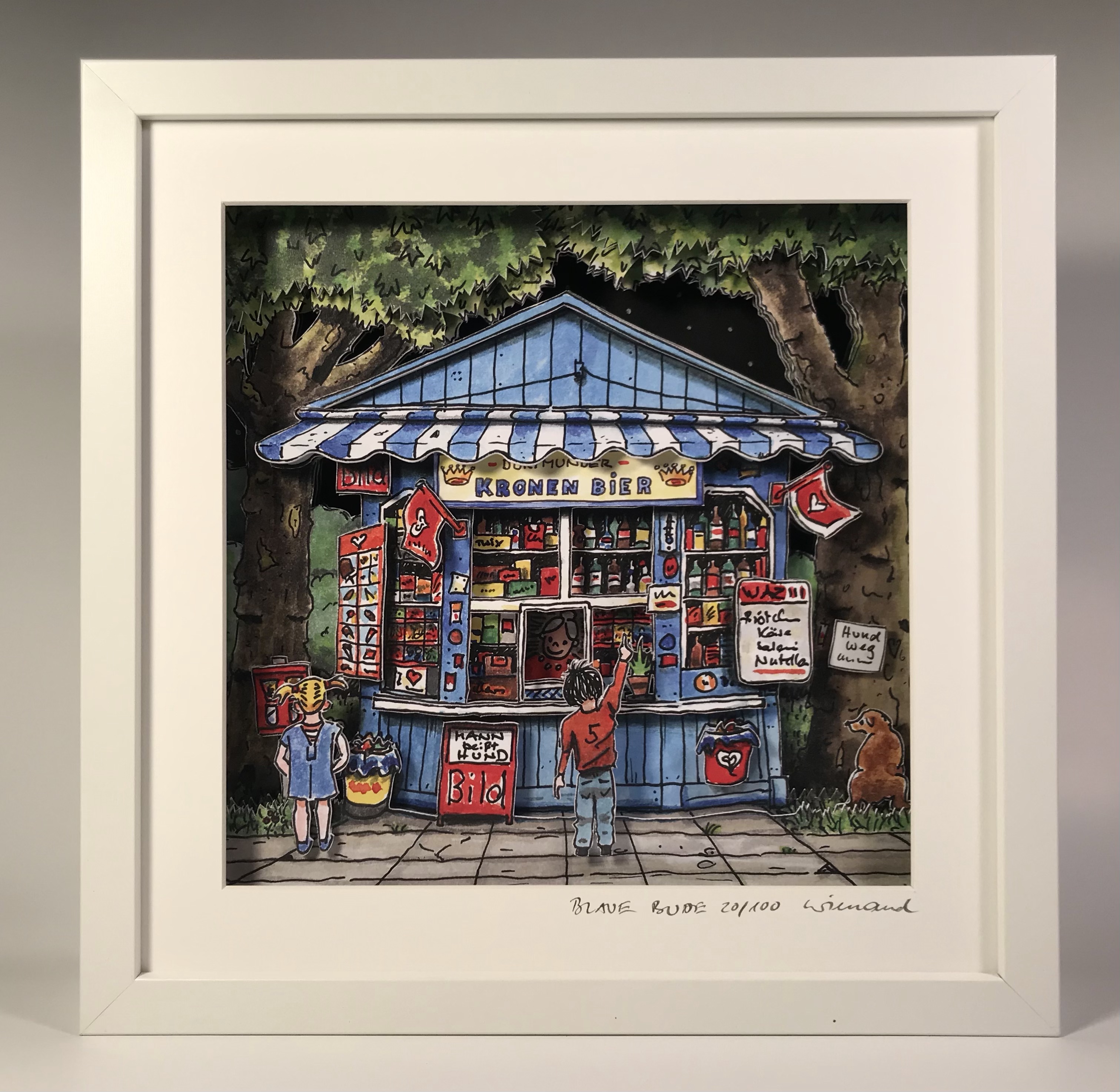 Dreidimensionale Zeichnung im Rahmen mit ruhrgebietstypischer Kioskszene. 