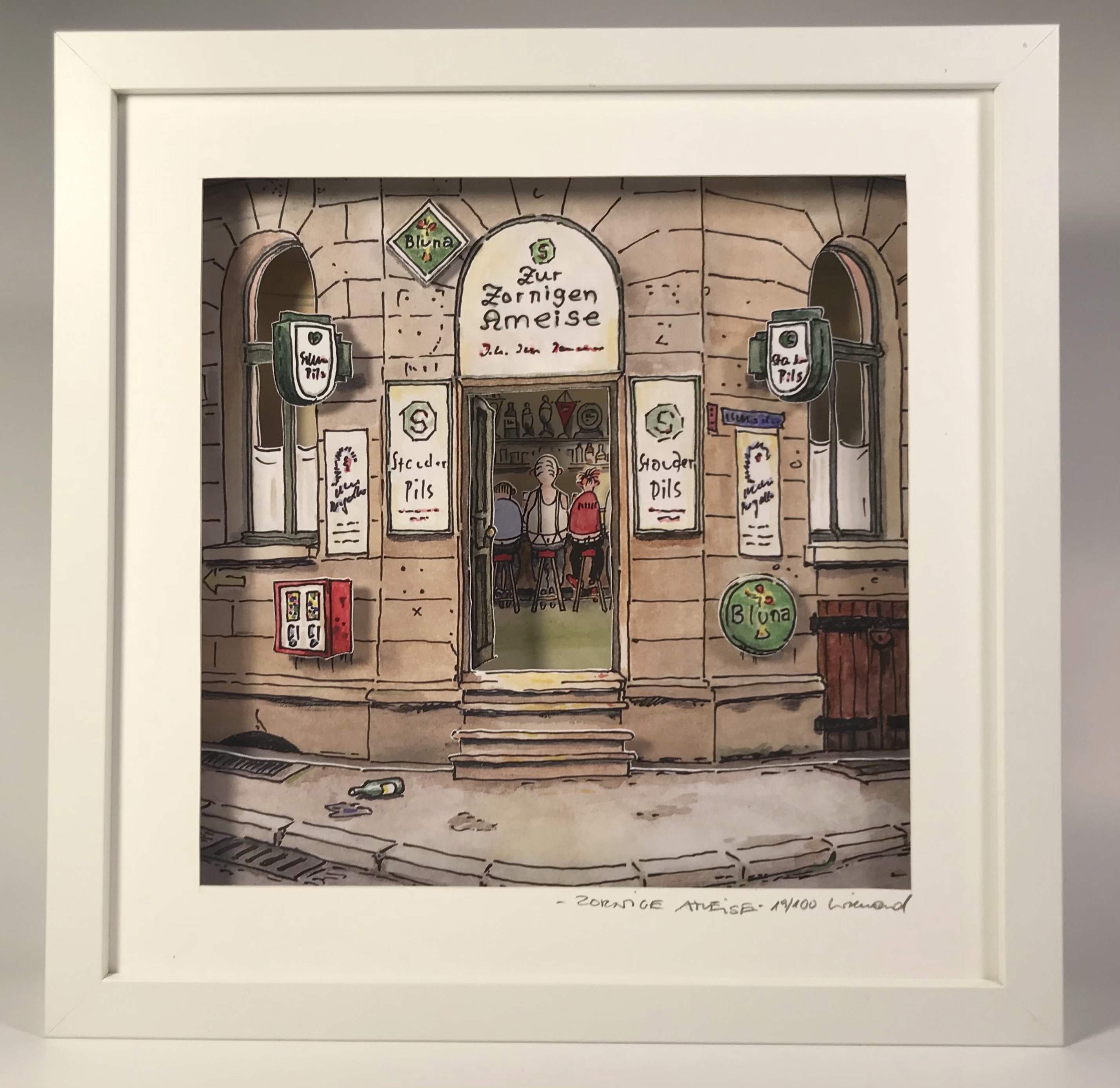 Dreidimensionale Zeichnung im Rahmen mit ruhrgebietstypischer Eckkneipe. 