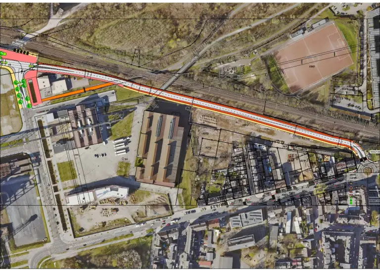 Zu sehen ist eine Luftaufnahme in Dortmund Hörde auf der die Baumaßnahme PHOENIX WEST – Neubau Südspange eingezeichnet ist
