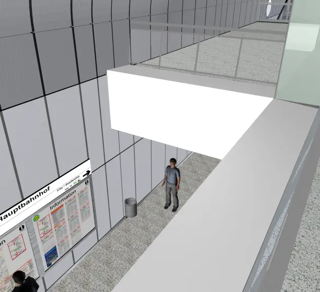 Zu sehen ist eine 3D Animation auf der man oben von der Verteilerebene in die Bahnsteigebene schaut. Zu sehen sind Fahrpläne und animierte Meschen.