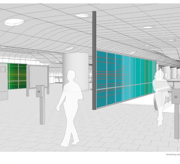 Zu sehen ist ein Entwurf der Verteilerebene unter dem Hauptbahnhof, es sind gewölbte Decken mit Lichtinstallationen und farbige Glaswände zu sehen.