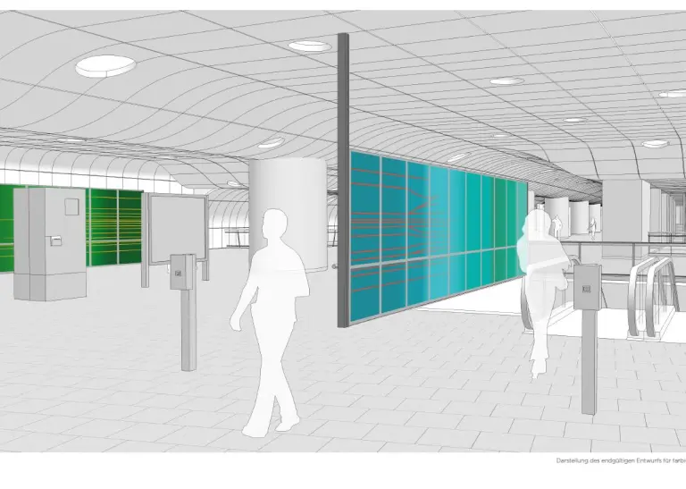 Zu sehen ist ein Entwurf der Verteilerebene unter dem Hauptbahnhof, es sind gewölbte Decken mit Lichtinstallationen und farbige Glaswände zu sehen.