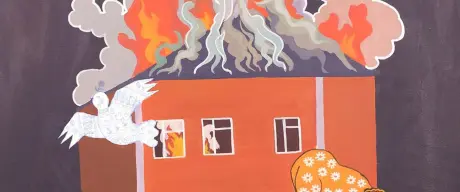 Ein gemaltes Bild mit einem roten Haus, das in Flammen steht. Aus dem Haus fliegt eine Friedenstaube.