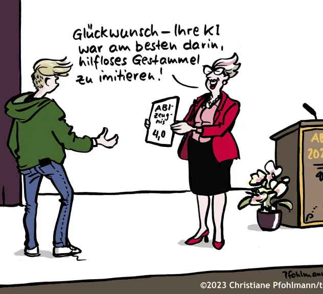 Cartoon von Christine Pfohlmann aus der KI-Ausstellung im Comic-Schauraum.